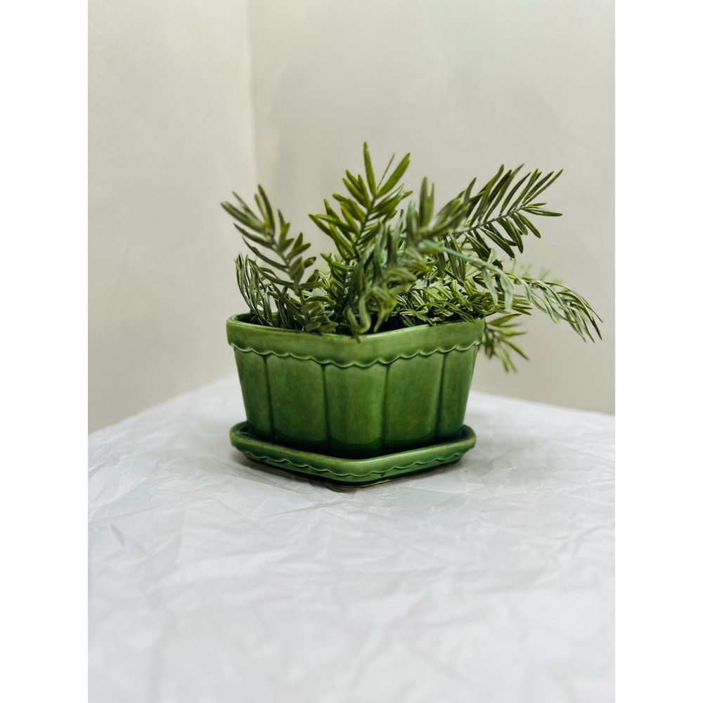 Vintage MCM Green Ceramic Diamond Planter Scalloped Edge Ribbed Pot with Saucer